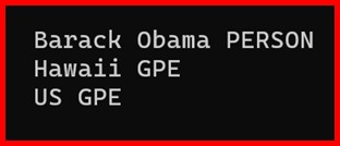 Picture showing the output of named entity recognition in spacy